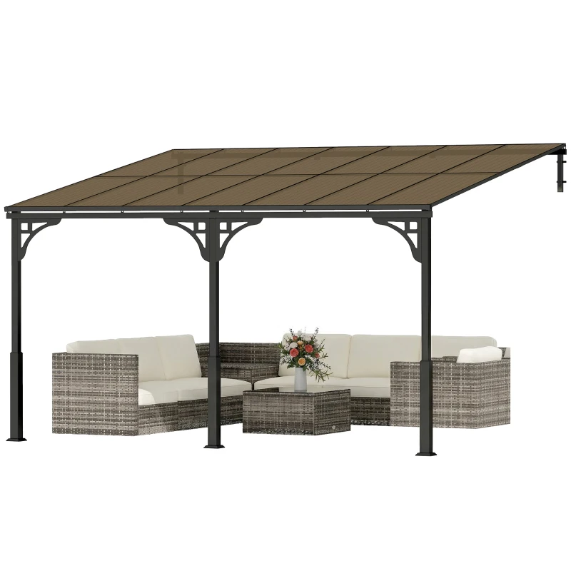 Outsunny 4 x 3 m Metal Lean-to Pergola, Wall-Mounted Garden Pergola with Polycarbonate Roof and Metal-Aluminium Frame, Heavy Duty Hardtop Gazebo for Outdoor Patios, BBQ, Brown