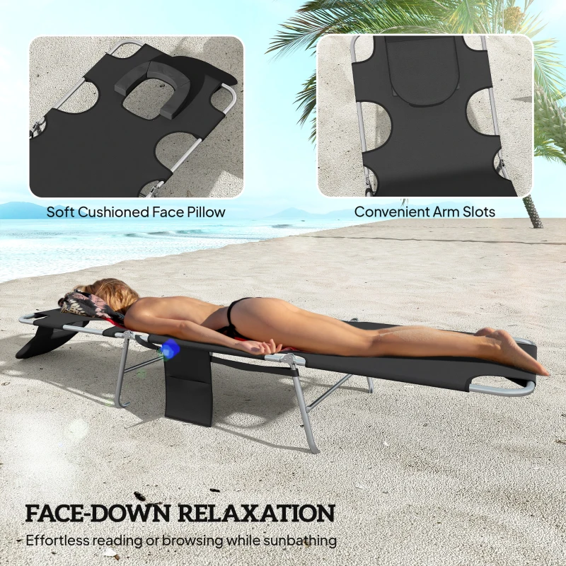Outsunny 5-Position Adjustable Sun Loungers Set of 2 with Reading Hole and Side Pocket, Black