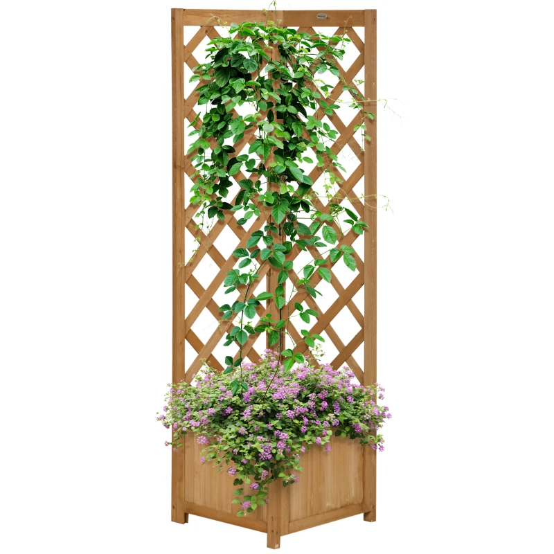 Outsunny Wooden Planter with Corner Trellis, Freestanding Raised Garden Bed with Drainage Bottom, Outdoor Planter Box, Brown
