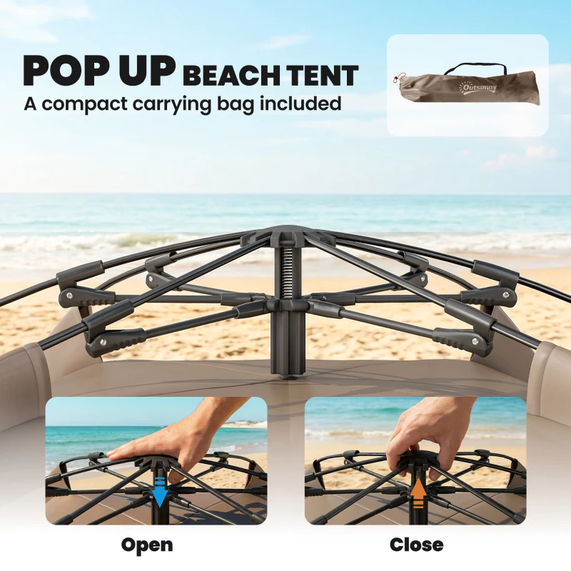 Outsunny 2-3 Person Pop Up Beach Tent, UPF15+ Sun Shelter with Extended Floor, Sandbags, Mesh Windows and Carry Bag, Brown