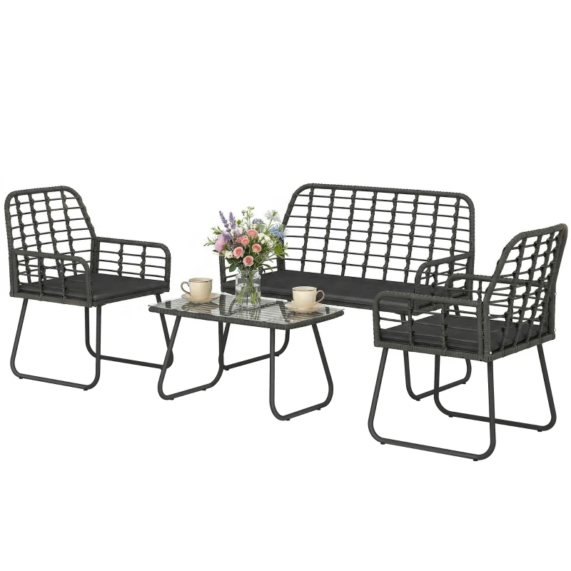 Outsunny 4 Piece Rattan Garden Furniture Set, Outdoor Patio Furniture with Loveseat, Armchairs and Coffee Table