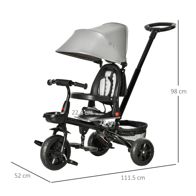 HOMCOM 4 in 1 Kids Trike Toddler Foldable Pedal Tricycle w/ Reversible Angle Adjustable Seat Removable Handle Canopy Belt Brake for 1-5 Years - Grey