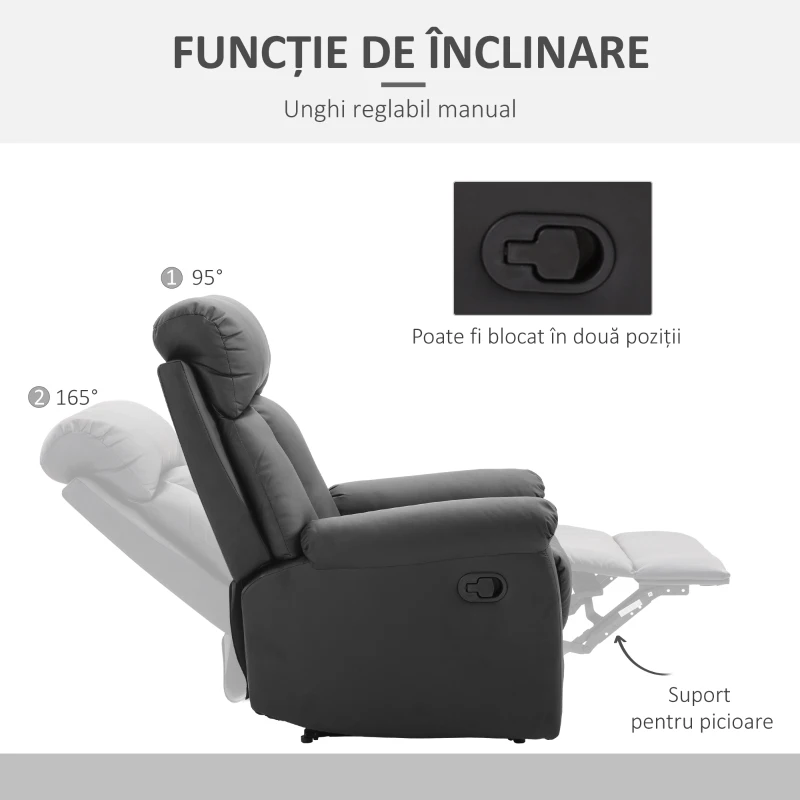 HOMCOM Fotoliu Relax Rabatabil cu Captuseala Ergonomica cuTaburet in Piele Ecologica,80 × 97 × 107cm Negru