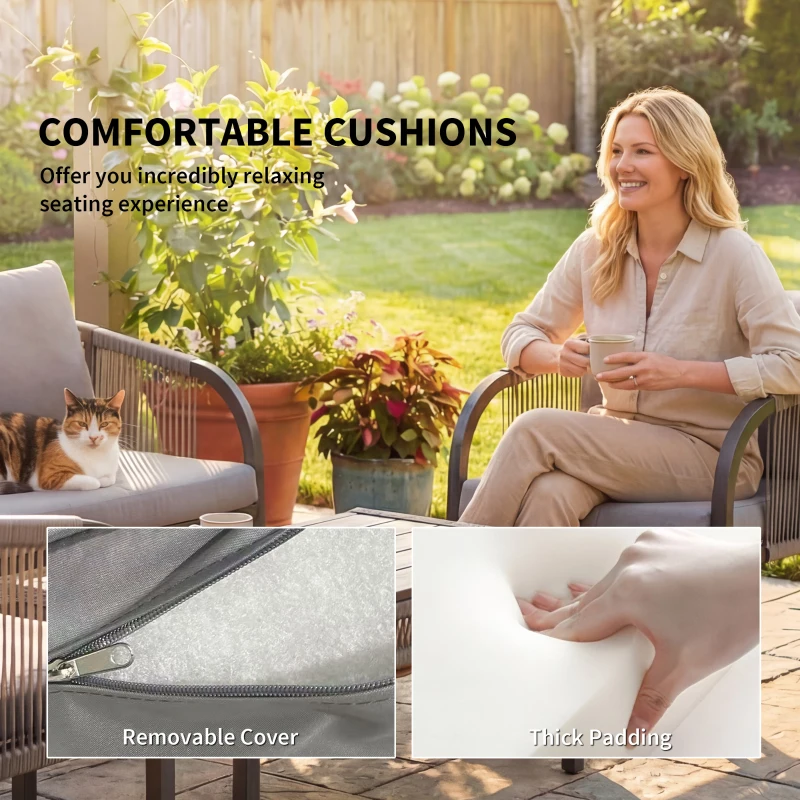 Outsunny 4 Piece Rattan Garden Furniture Set with Loveseat, Armchairs, Table, Steel Frame Wicker Patio Conversation Set, Grey