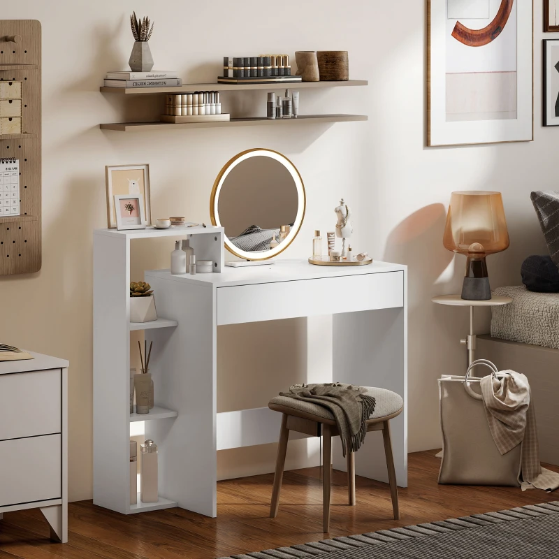 HOMCOM Desk with Storage, Computer Desk with 3 Open Shelves and Drawer, Workstation, Computer Table, White