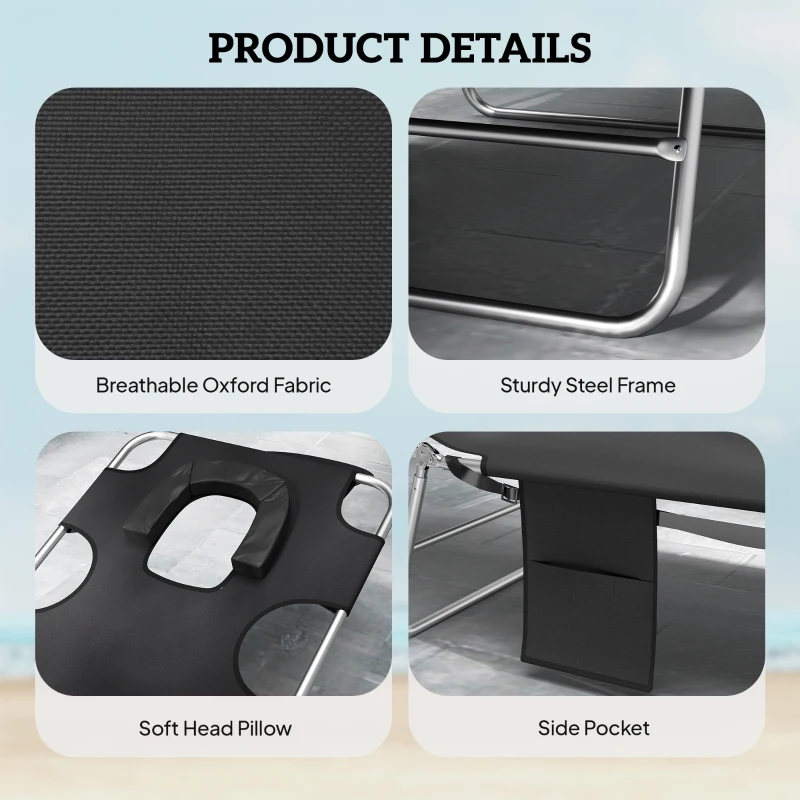 Outsunny 5-Position Adjustable Sun Loungers Set of 2 with Reading Hole and Side Pocket, Black