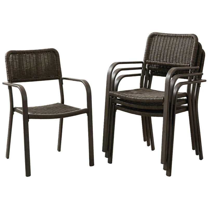 Outsunny Juego de 4 Sillas de Jardín Exterior Apilables con Reposabrazos Respaldo y Marco de Acero 55x60x83 cm Marrón Oscuro