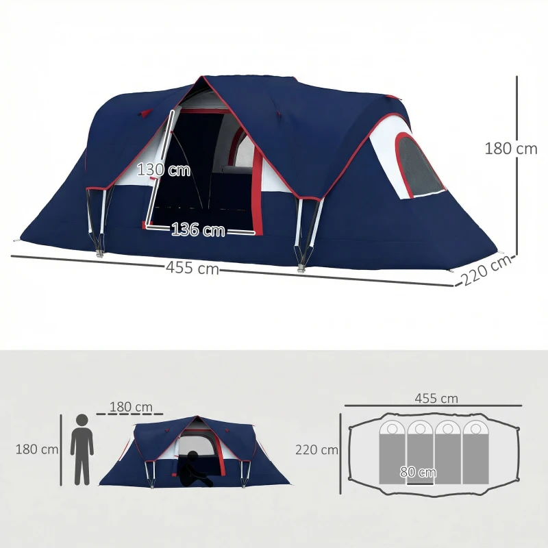 Outsunny 5-6 Man Camping Tent, Tunnel Tent, Water Resistant Hiking Shelter with Groundsheet and Carry Bag, Navy Blue