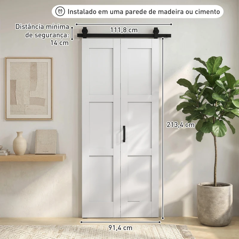 HOMCOM Porta Deslizante Dobrável com Ferragens 91,4x213,4 cm com Roldana Trilho de Aço Guia de Piso Puxador Branco