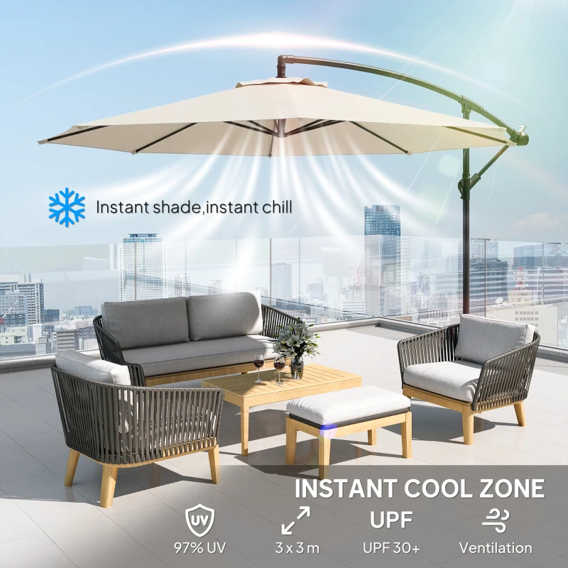 Outsunny 3 m Overhanging Cantilever Parasol, with Cross Base - Cream White