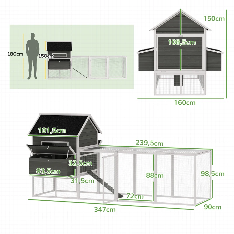 PawHut Hühnerstall aus Holz mit Auslauf Nistkasten Asphaltdach herausziehbar Tablett für 4-6 Hühner 347x160x150 cm Dunkelgrau