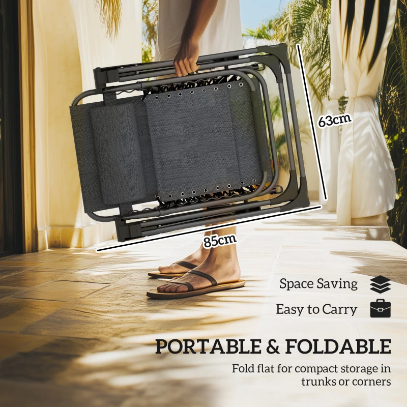 Outsunny Zero Gravity Chairs Set of 2, Folding Sunloungers Reclining Garden Chairs with Cup Holder, Headrest, Dark Grey