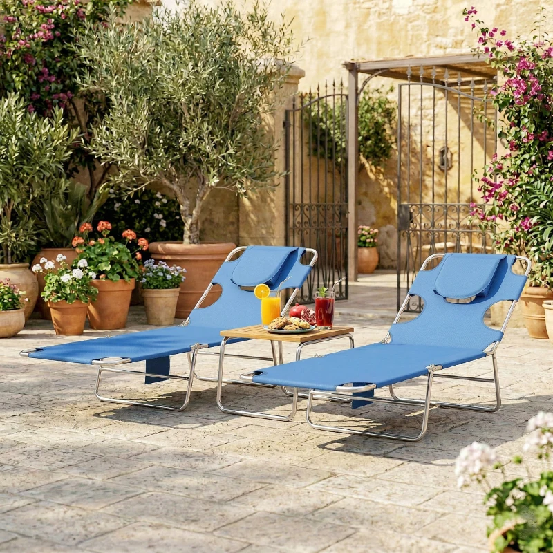 Outsunny 5-Position Adjustable Sun Loungers Set of 2 with Reading Hole and Side Pocket, Blue