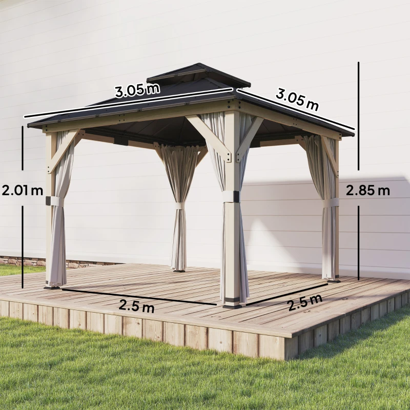 Outsunny 3 x 3 m Outdoor Hardtop Gazebo Canopy with 2-Tier Steel Roof, Wood Garden Gazebo with Curtains, Light Grey