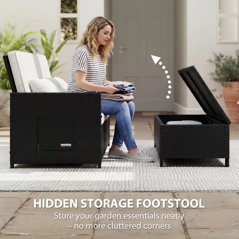 Outsunny Rattan Garden Daybed, Double Sun Lounger with 5-Level Adjustable Back, Storage Ottoman, Cream White