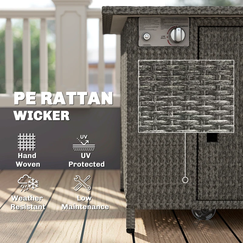 Outsunny 14.5 KW Rattan Gas Fire Pit Dining Table with Rain Cover, Wind Guard, Lid, Lava Rocks, Dark Grey