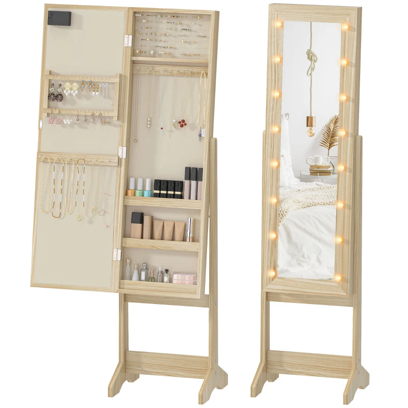 HOMCOM Espejo Joyero con Luces LED Armario para Joyas Armario Joyero de Pie con Espejo Entero Ángulo Ajustable Madera Natural