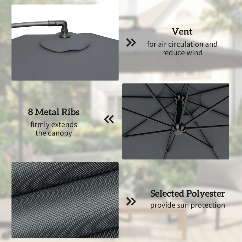 Outsunny 3m Overhanging Parasol, with Base, Weights and Cover - Dark Grey