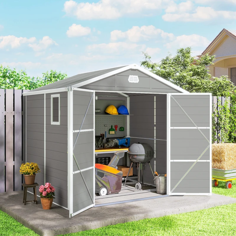 Outsunny Casetta da giardino, 4,1 m², con tetto a due falde, 240 x 190 x 180/228 cm, Grigio