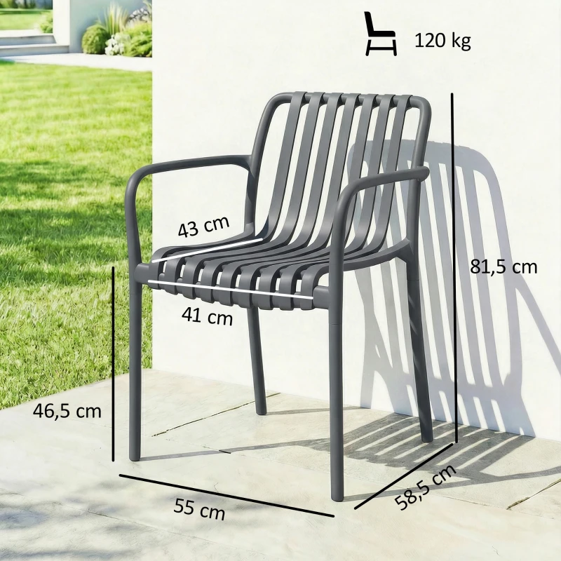 Outsunny Chaises de jardin lot de 4 chaises de terrasse empilables avec design à lames, accoudoirs, ergonomiques Gris foncé