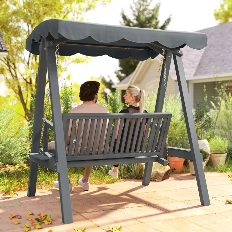 Outsunny 2 Seater Garden Swing Seat with Canopy, Wooden Swing Chair, Outdoor Hammock Bench for Balcony Patio Porch, Grey