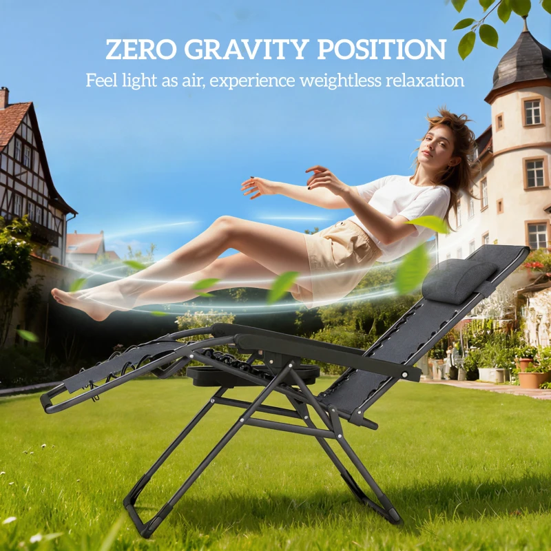 Outsunny Zero Gravity Chairs Set of 2, Folding Sunloungers Reclining Garden Chairs with Cup Holder, Headrest, Dark Grey
