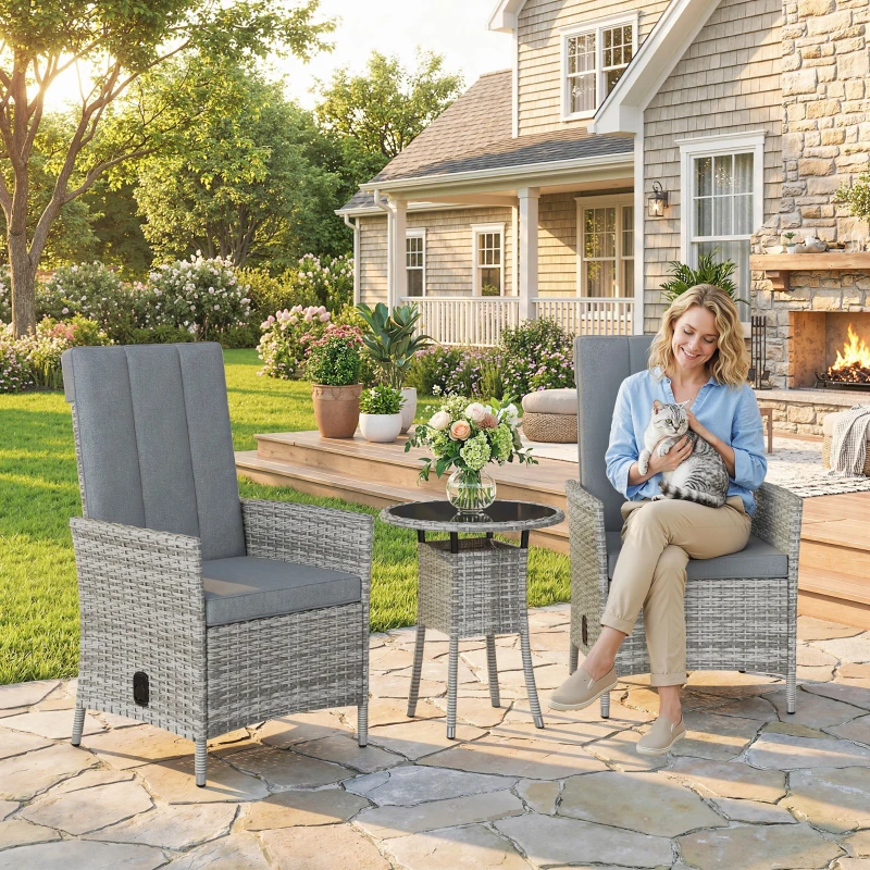 Outsunny Rattan Bistro Set, Reclining Garden Chairs and Glass Coffee Table with Cushions for Patio Balcony Porch, Light Grey