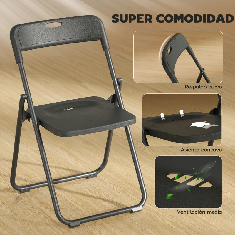 HOMCOM Juego de 6 Sillas Plegables de Plástico con Respaldo Curvo Diseño Ventilación Estructura de Acero 48,5x47x75 cm Negro