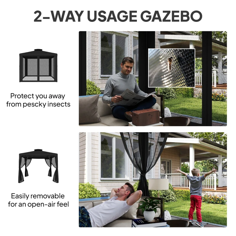 Outsunny 3 x 3 m Metal Gazebo, Garden Pavillion, Double Roof Outdoor Canopy Shelter with Mesh Sidewalls, Black