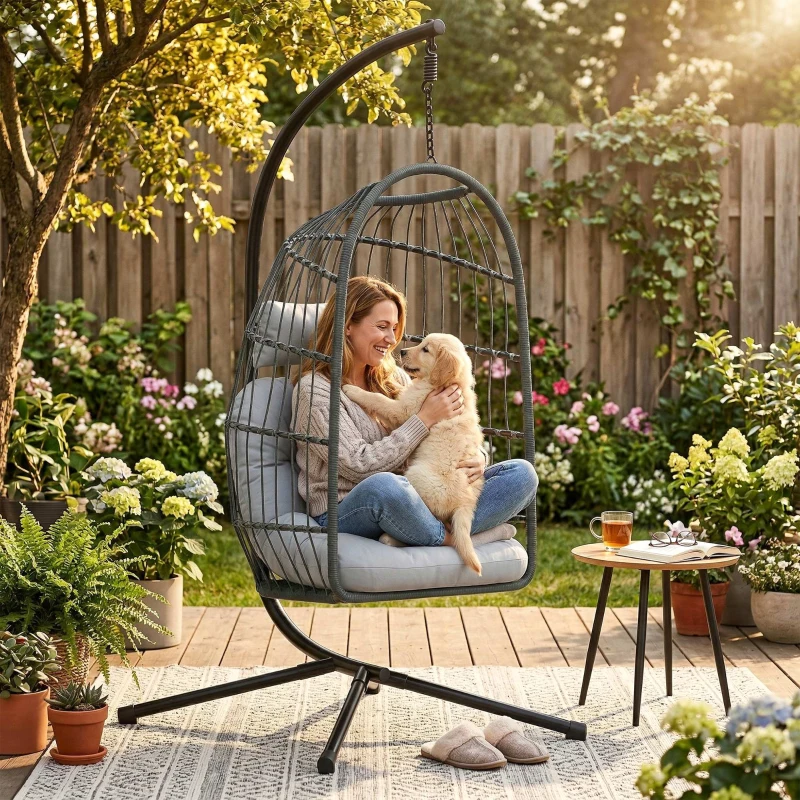 Outsunny Hanging Egg Chair, Indoor Outdoor Hammock Swing Chair with Stand, Safety Strap, Foldable Basket, Dark/Light Grey