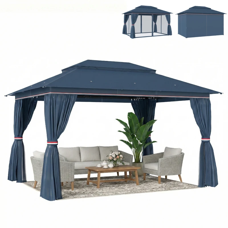 Outsunny 3 x 4 m Outdoor Garden Gazebo with Netting and Curtains, UPF50+ Patio Gazebo Permanent Pavilion Canopy, Dark Blue