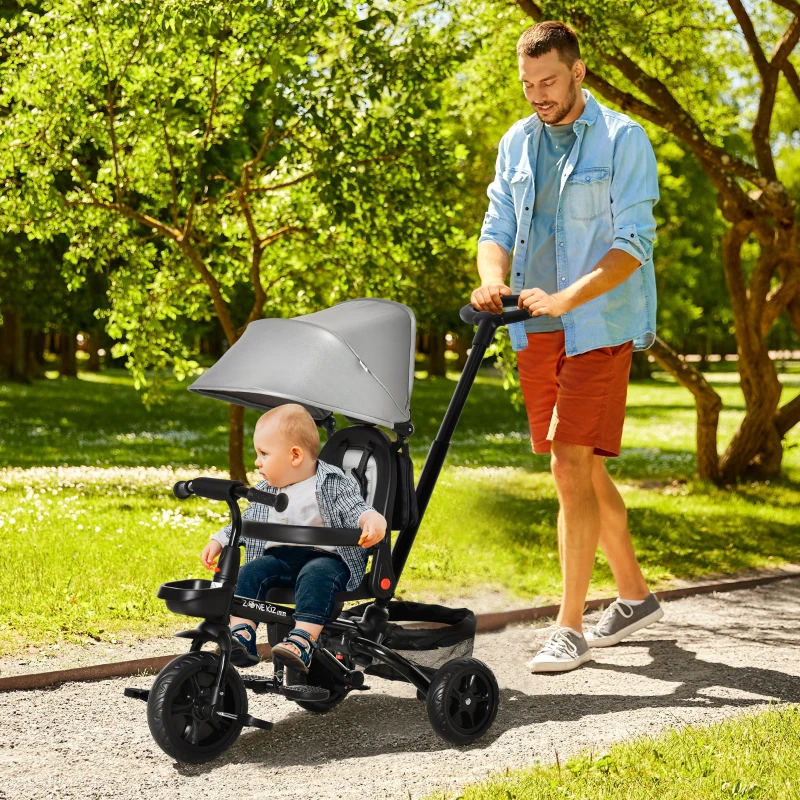 HOMCOM 4 in 1 Kids Trike Toddler Foldable Pedal Tricycle w/ Reversible Angle Adjustable Seat Removable Handle Canopy Belt Brake for 1-5 Years - Grey