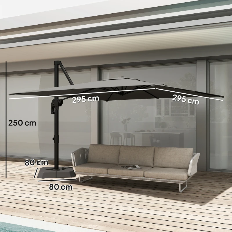 Outsunny Umbreluț de Grădină Suspendat cu Manivelă 3x3m, Inclinabil, cu Greutăți Umplibile, Rotativ 360°, Umbreluț Exterior Pătrat, din Aluminiu, pentru Terasă, Piscină, UV30+, Gri Închis