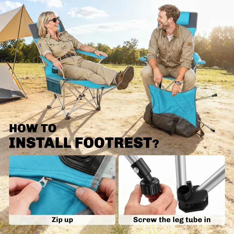 Outsunny Set of 2 Reclining Folding Camping Chair w/ Detachable Footrest, Storage Bag, Cup Holder & Headrest, Blue and Grey