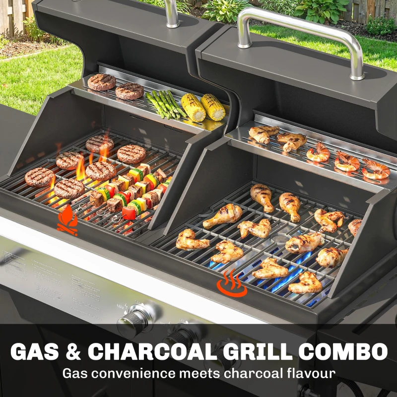 Outsunny 2+1 Burner Hybrid Dual Fuel BBQ Gas Grill, 2-in-1 Propane & Charcoal Barbecue Grill Smoker Combo with Wheels, Black