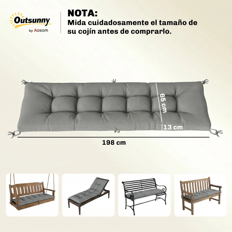 Outsunny Cojín para Banco Exterior con Correas de Sujeción Protección UV50+ Rebote Lento Interior Exterior 198x65x13 cm Gris