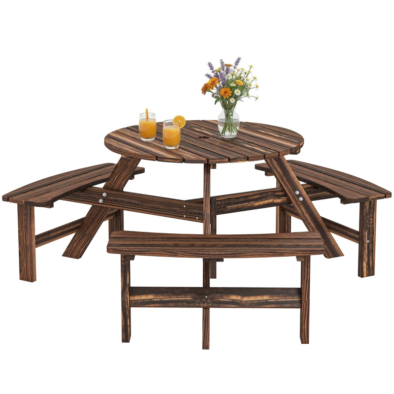 Outsunny Wooden Garden Dining Set, 6 Seater Round Dining Picnic Table with Matching Bench, Garden Furniture Set with Parasol Hole for Outdoor Patio Party and Family Gatherings, Carbonized