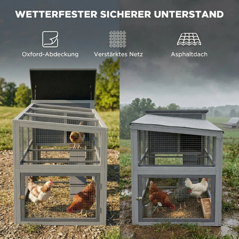 PawHut Kippenhok kippenverblijf voor 3-4 kippen met ren nestkast asfaltdak Oxford-afdekking uittrekbare lade 264x82x89cm grijs