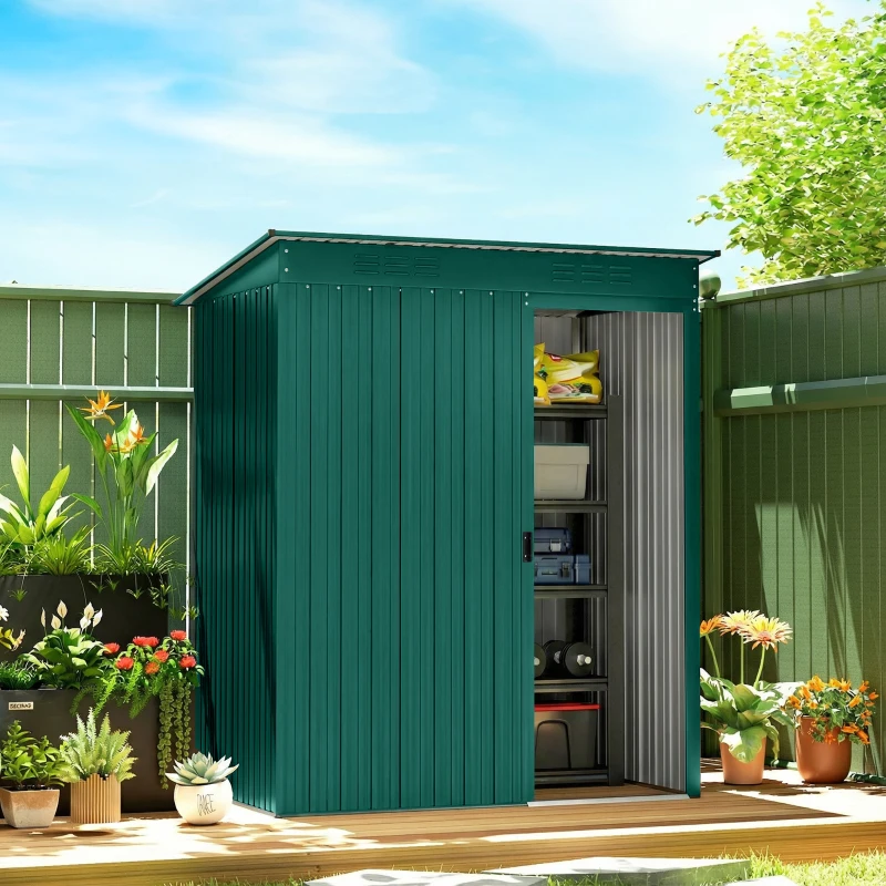 Outsunny 5 x 3.5ft Metal Garden Storage Shed with Effortless Assembly and 2 Pairs of Gloves, Waterproof Outdoor Shed, Green