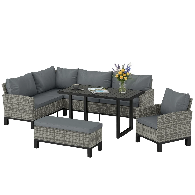 Outsunny 9 Seater Rattan Garden Furniture Corner Sofa Set, Outdoor Dining Set with Faux Wood Table, Ottoman, Cushions, Dark Grey