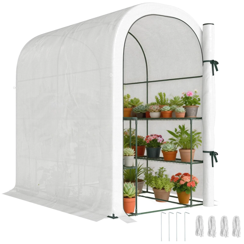Outsunny Walk-in Greenhouse with Shelves, Small Greenhouse with PE Cover and Roll-up Door, 123 x 187 x 189 cm, White