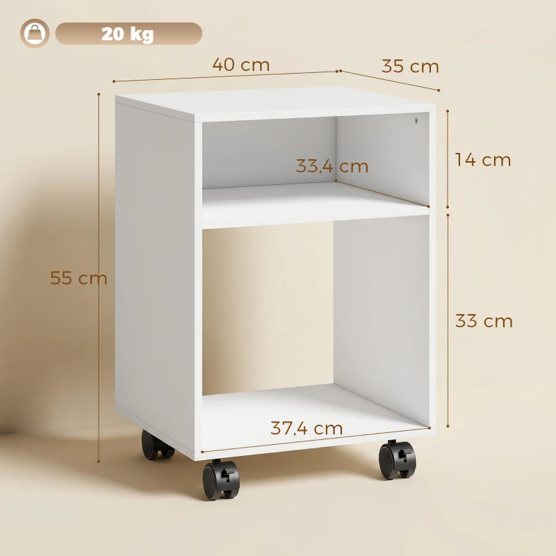 HOMCOM Meuble porte-imprimante en bois avec roulettes à frein et 2 compartiments ouverts, 40x35x55 cm, pour bureau/studio, Blanc
