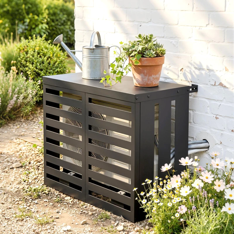 Outsunny Copertura per Condizionatore Esterno, in Acciaio Zincato, Recinzione con Doghe per Giardino, Grigio Scuro