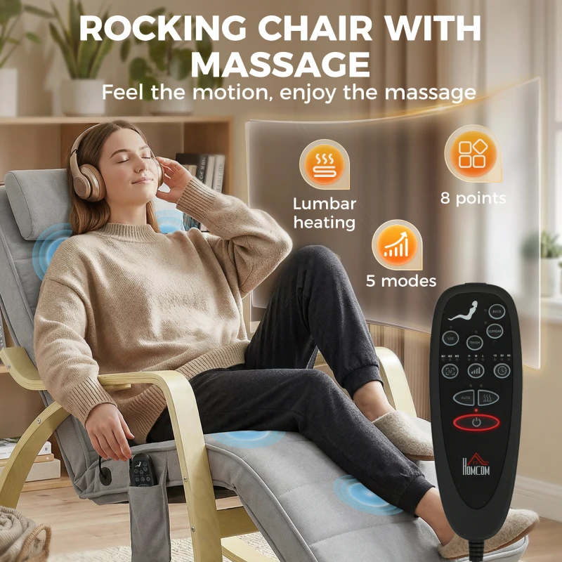 HOMCOM Schommelstoel met massage, verwarming, hoofdkussen & voetensteun, fluwelen bekleding, relaxstoel, lichtgrijs