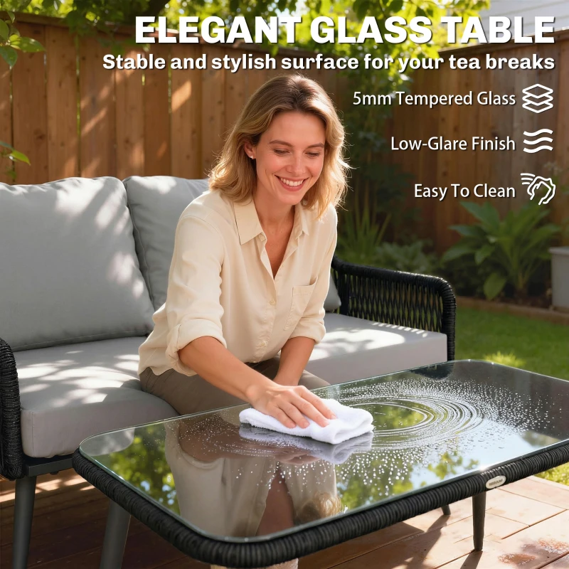 Outsunny Rattan Garden Furniture Set, 4 Piece Outdoor Patio Furniture with Tempered Glass Table and Chairs, Indoor Balcony Conservatory Set