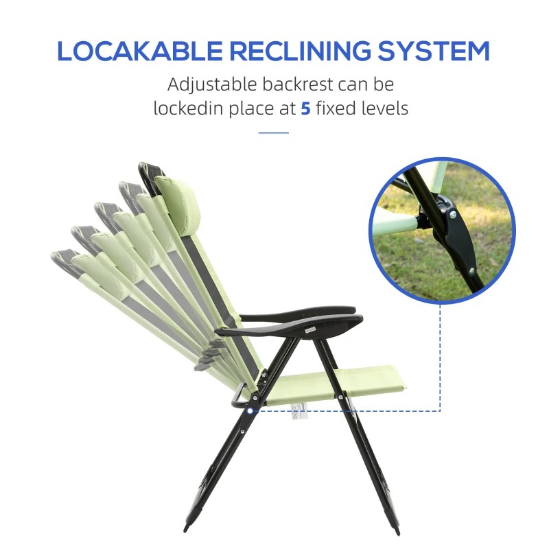 Outsunny Folding Garden Chairs Set of 2, 5-Position Recliner Camping Chair with High Back, All Weather Texteline Seat, Portable Outdoor Dining Chairs with Headrests for Patio, Picnic, Green