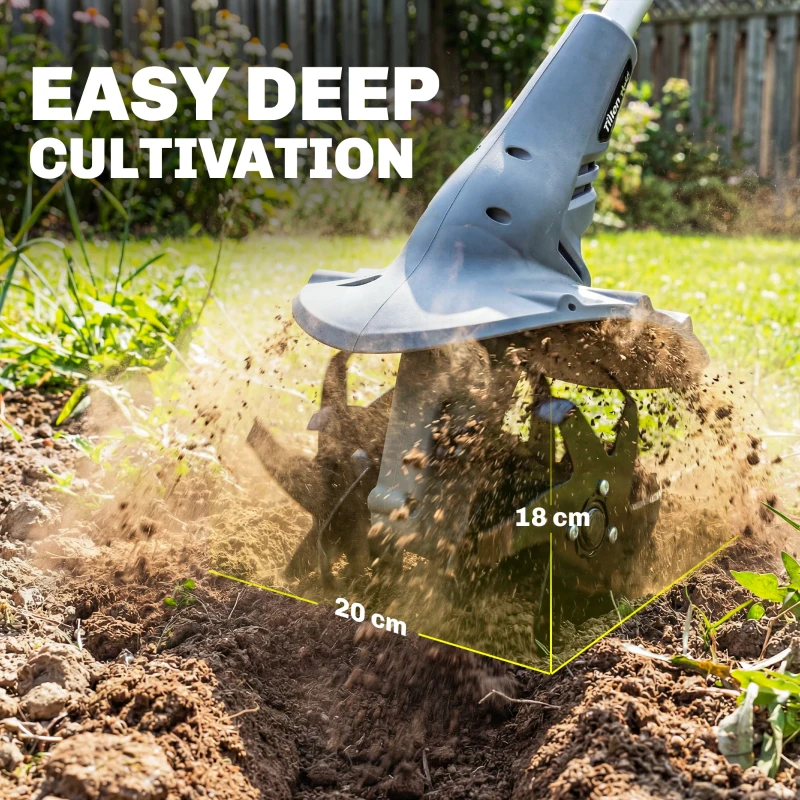 Outsunny Cordless Tiller, 18V Electric Garden Rotavator with 2 x 4000mAh Batteries, Charger, 20cm Tilling Width & 18cm Depth