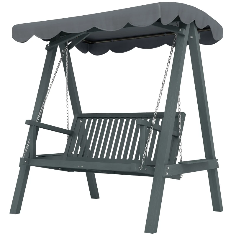Outsunny 2 Seater Garden Swing Seat with Canopy, Wooden Swing Chair, Outdoor Hammock Bench for Balcony Patio Porch, Grey