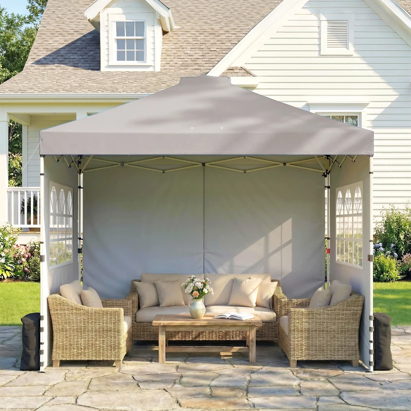 Outsunny Pop Up Gazebo Waterproof Height Adjustable Canopy with 3 Sidewalls Wheeled Bag for Parties 3 x 3 m Grey