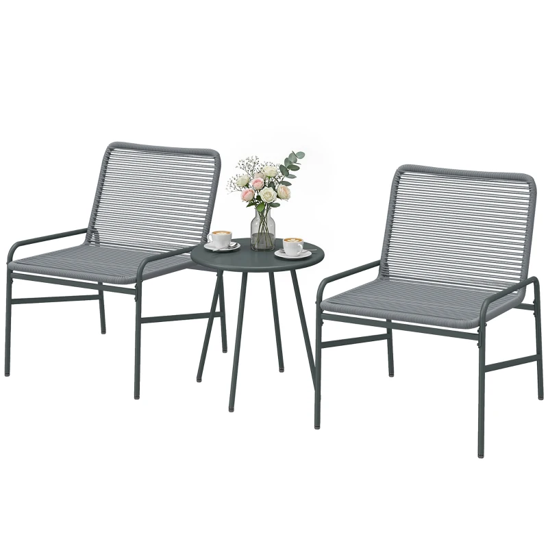 Outsunny 3 Piece Rattan Bistro Set, Outdoor Garden Furniture Set with 2 Chairs, Round Coffee Table for Patio, Balcony, Dark Grey
